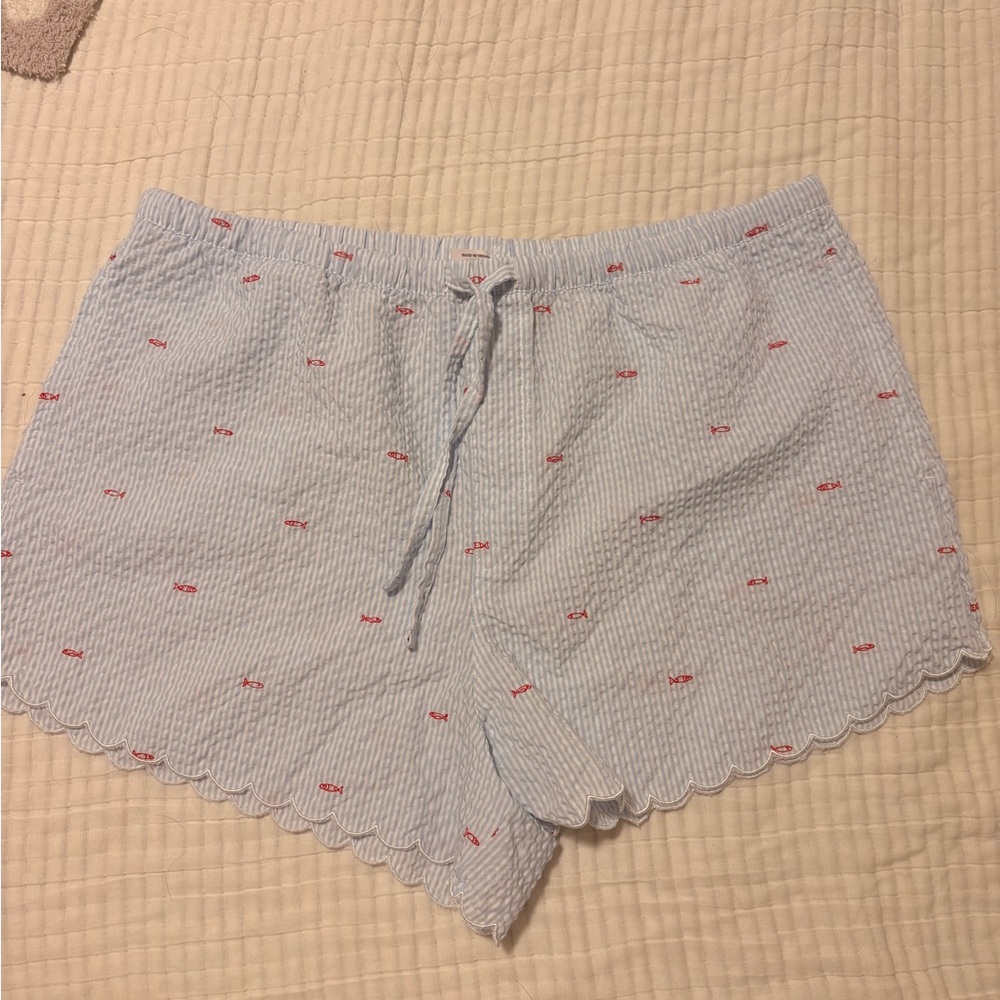 Women’s Light Blue Seersucker Sleep Shorts with Embroidery